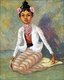 Burma / Myanmar: Young Burmese girl in longyi with flowers in her hair. Colonial period painting, c. 1910